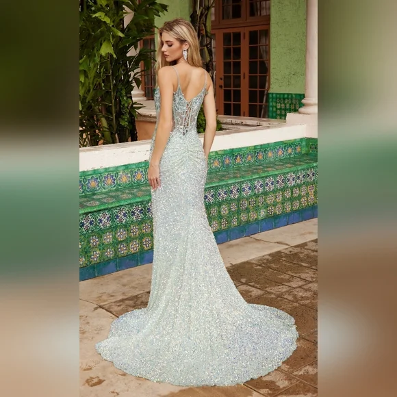 Lace-Up Long Sequin Prom Dress: Nox Anabel G1655 - Picture 1 of 9